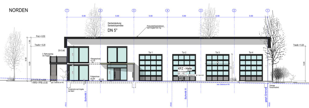 Technische 2D-Zeichnung der Werkstatt Ergenzingen, maßstabsgetreu dargestellt