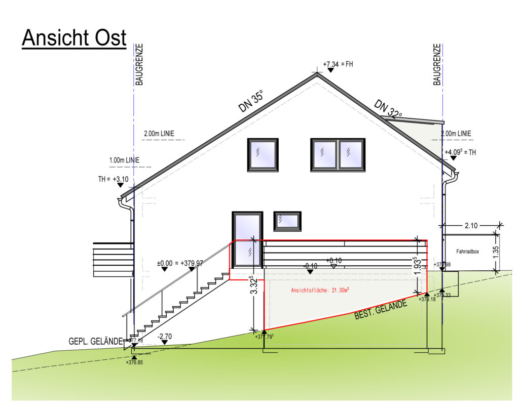 Technische 2D-Zeichnung der Ostseite eines Wohnhauses, mit eingezeichneten Maßeinheiten