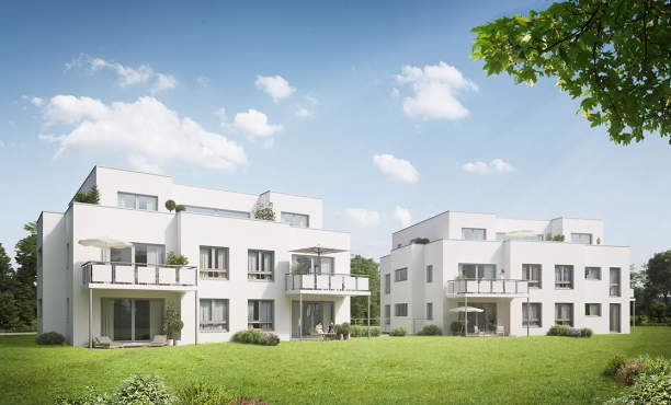 Realistisches 3D-Modell von zwei weißen Wohnhäusern