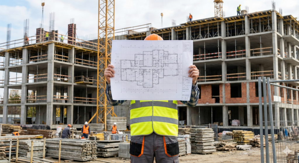 Arbeiter auf der Baustelle betrachtet einen Bauplan